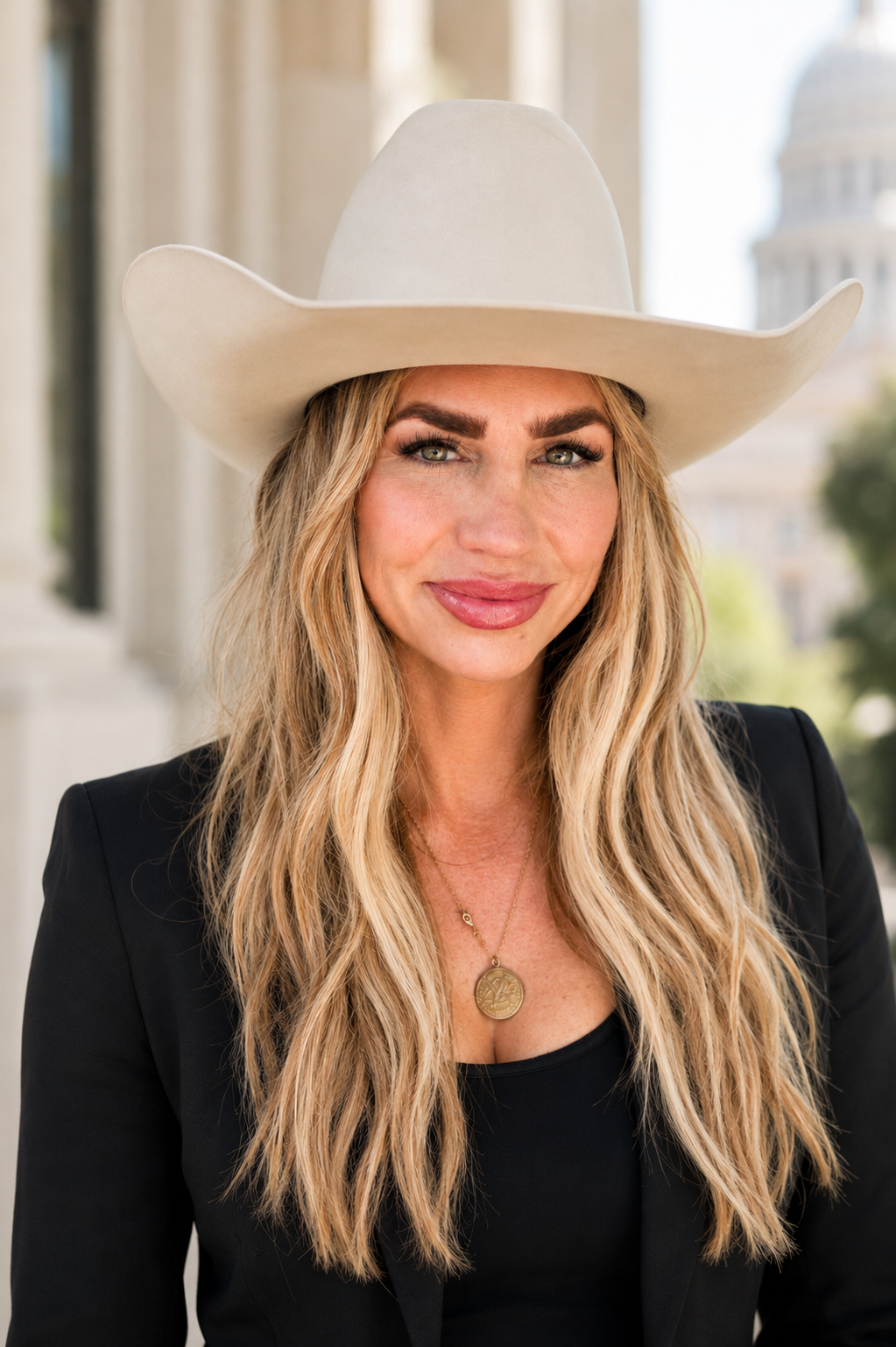 Professional studio headshot of Gertie Wilson, Founder of W Public Affairs, photographed against a neutral gray backdrop. She has long blonde wavy hair and is wearing a tailored black blazer over an ivory silk blouse with a delicate gold pendant necklace.